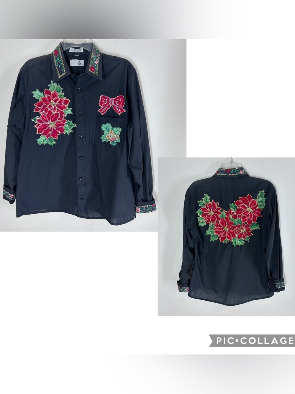 VTG Ketch Black Christmas Poinsettia Applique Button Up Shirt No size Tag